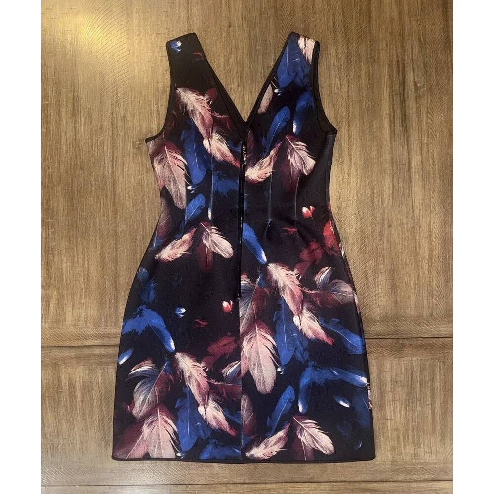WHBM White House Black Market Dress Black Feather Print Scuba Mini Dress Size 6 - Picture 11 of 13